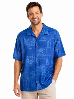 Vintage Jamaica Jaxx 100% Silk Hawaiian Shirt Blue Resort Button L